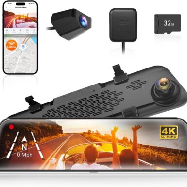 WOLFBOX G840S 12" 4K Mirror Dash Cam Backup Camera with 32GB Card and GPS | 5.8GHz WiFi Smart Rearview Mirror for Cars & Trucks, Front and Rear View Dual Cameras, Night Vision, Parking Assistance