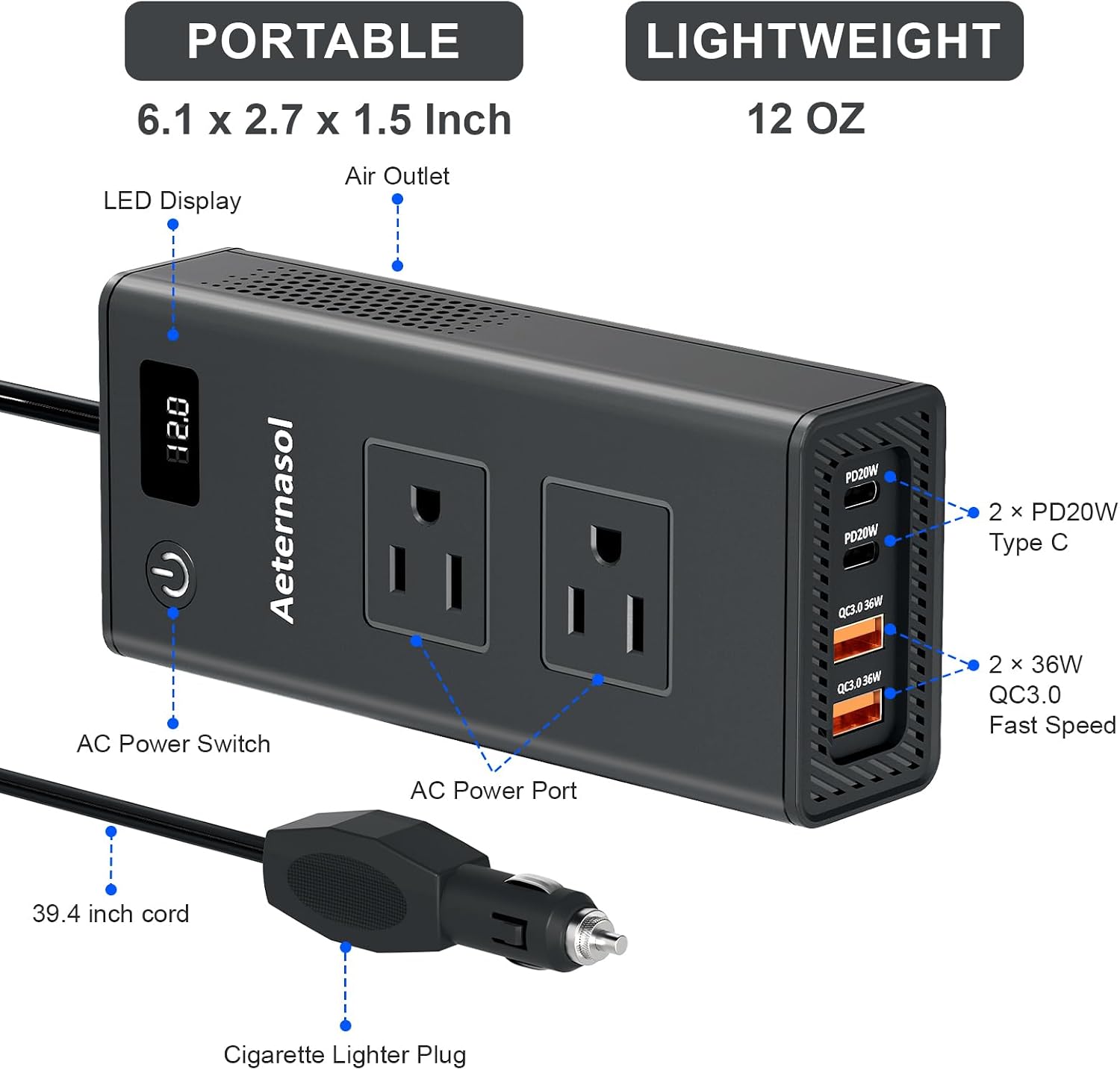 200W Portable 12V to 110v Car Charger Power Inverters for Vehicles | 36W USB-A, Fast Charging USB-C, Dual AC Outlets, Cigarette Lighter Adapter for Laptop/Camping/Road trip essentials - Image 8