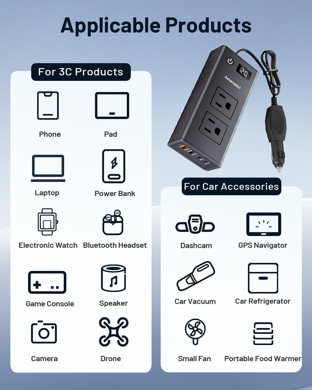 200W Portable 12V to 110v Car Charger Power Inverters for Vehicles | 36W USB-A, Fast Charging USB-C, Dual AC Outlets, Cigarette Lighter Adapter for Laptop/Camping/Road trip essentials - Image 9