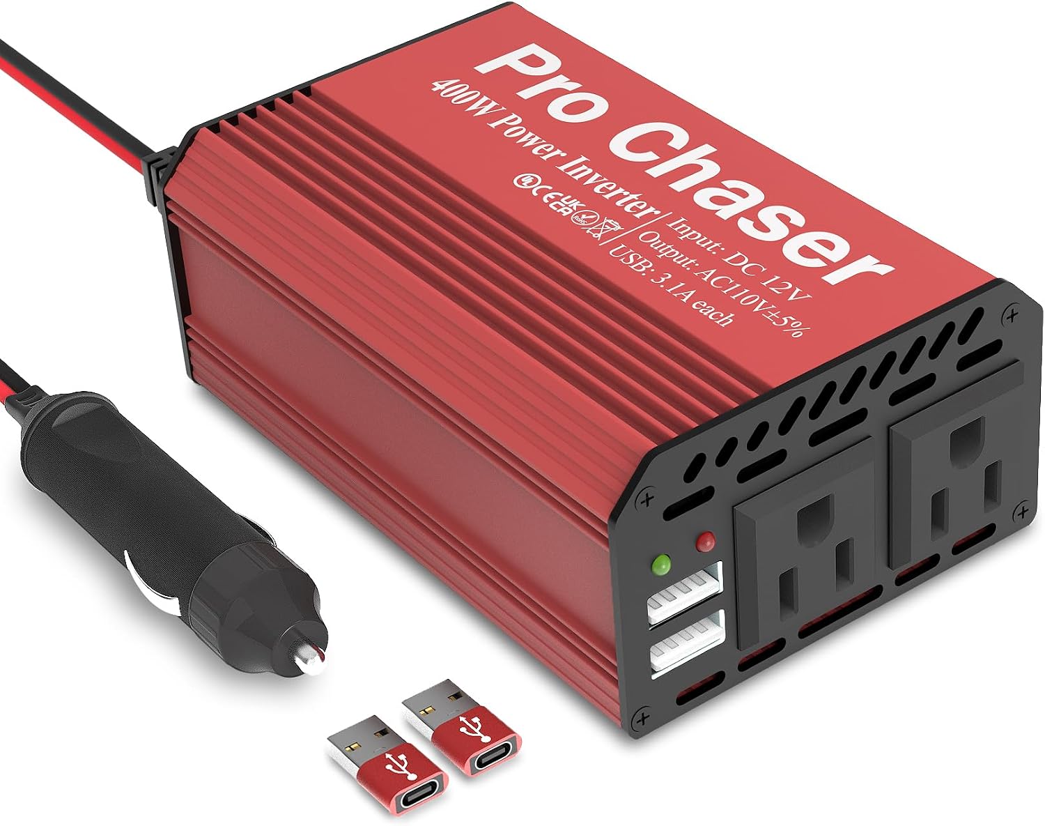 Pro Chaser 400W Car Power Inverter 12V DC to 110V AC Car Truck RV | Inverter 6.2A Dual USB Charging Ports for Road Trips (Type C Adaptors Included)