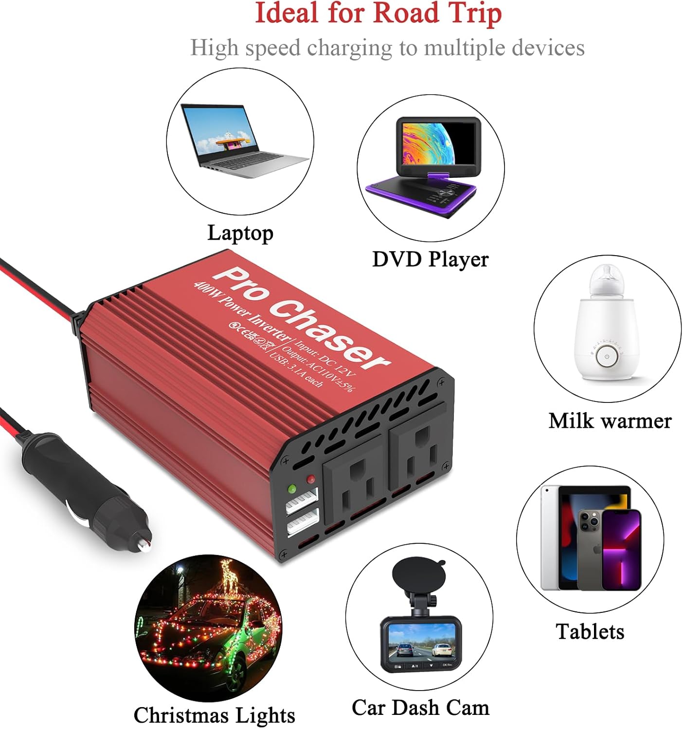 Pro Chaser 400W Car Power Inverter 12V DC to 110V AC Car Truck RV | Inverter 6.2A Dual USB Charging Ports for Road Trips (Type C Adaptors Included) - Image 4